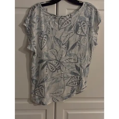 Tahari XL Linen T-Shirt Blue White Leaf Print Short Sleeve Casual Top