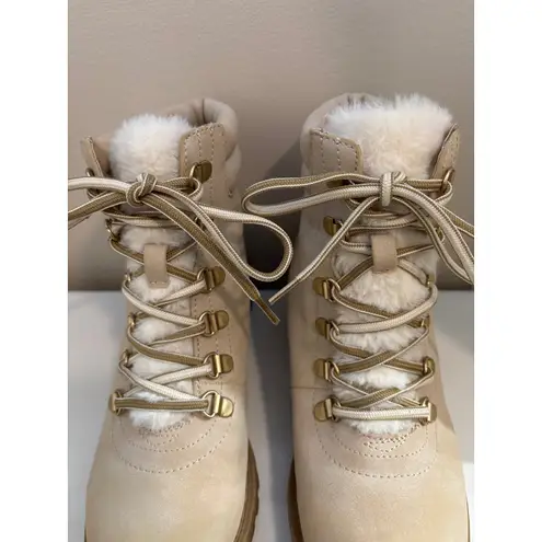 Shimmer Cream Faux Fur Trim Lace Up Ankle Hiker Boots Size 6.5M Women's Tan