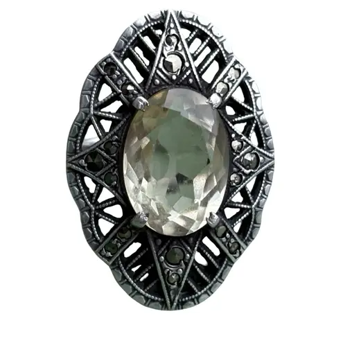 Antique Citrine Marcasite Hallmarked Sterling Silver Large Art Deco Estate Ring Yellow