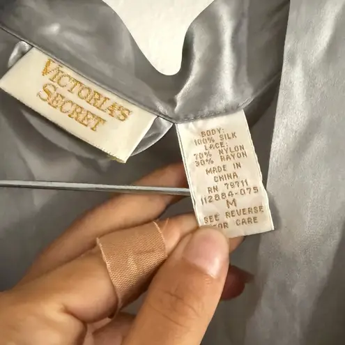 Victoria's Secret  vintage silk gold label Gray and Black Lace Trim Robe