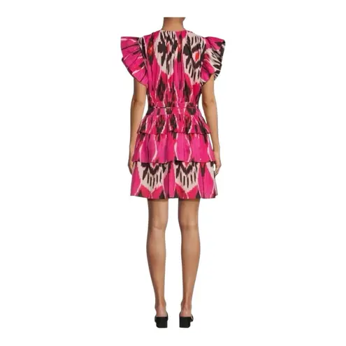 Ro's Garden Hunan Boyfriend Tiered Mini Dress Large Printed Cap Sleeve Pink NWT