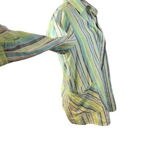 For Cynthia Woman Blue Green Cream Stripe Button Down Shirt Jacket Shacket 1X