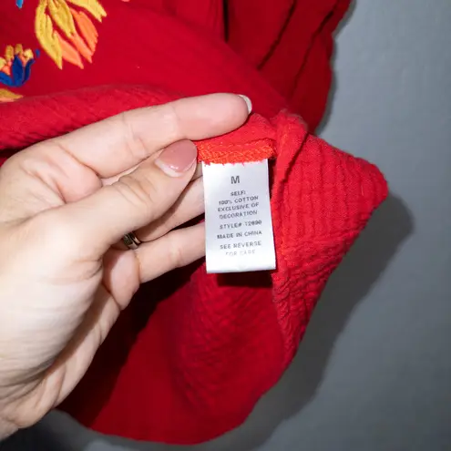 New See And Be Seen Red Embroidered Peasant Tassel Top Size Medium