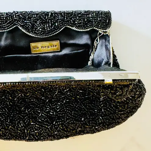 La Regale Scalloped Black Beaded Ornate Evening Clutch Purse, Crossbody Chain