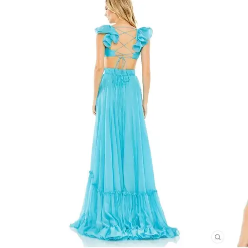 Mac Duggal Ruffled Shoulder Cut Out Lace Up Gown Dress Blue Green Size 10