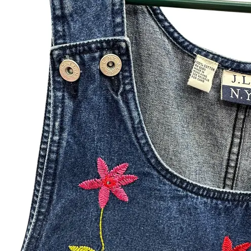 Vintage Floral Embroidered Denim Jumper Jean Dress Scoop Neck Sleeveless Size 2X Blue