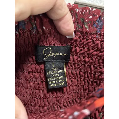 Jopna Blouse Size L Burg/Blue Floral Smocked Body Long Chiffon Sleeves Ruffle Size L