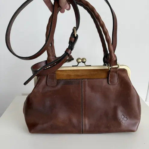 Patricia Nash Rora Frame Satchel Bag Brown Suede Leather Tan Flower Appliqué