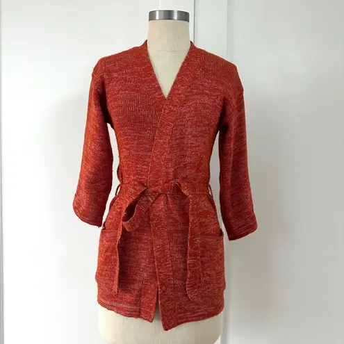 Vintage Rust Orange Marled Knit Tie Waist Cardigan 3/4 Sleeve 70s XS S Robe Red