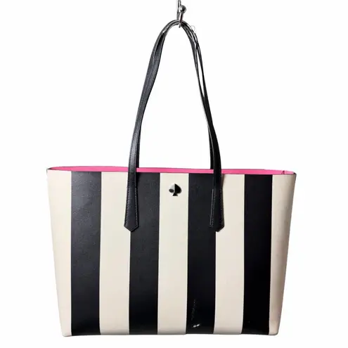 Kate Spade Molly Large Tote Bag Black White Stripes with Pink Interior