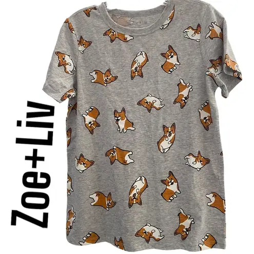 Zoe & Liv short Sleeve Corgi Print Shirt Gray XS