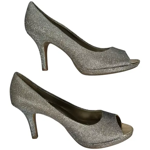 Bandolino Gold Metallic Glitter Peep Toe Platform High Heel Dress Shoes 10M
