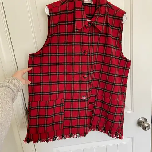 Vintage Stefano International women’s red plaid sleeveless button fringe top M Size M