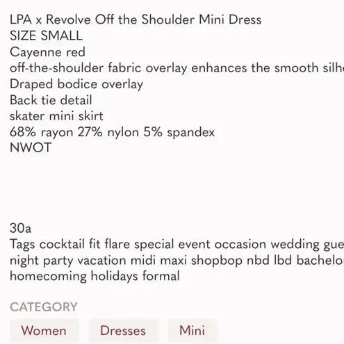 LPA x Revolve off the shoulder red mini dress size medium