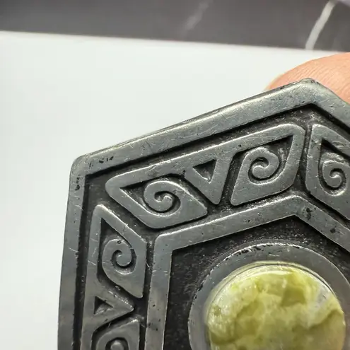 Celtic Hexagon Hex Signed Ireland PJC Brooch Pin Silver Tone / Green