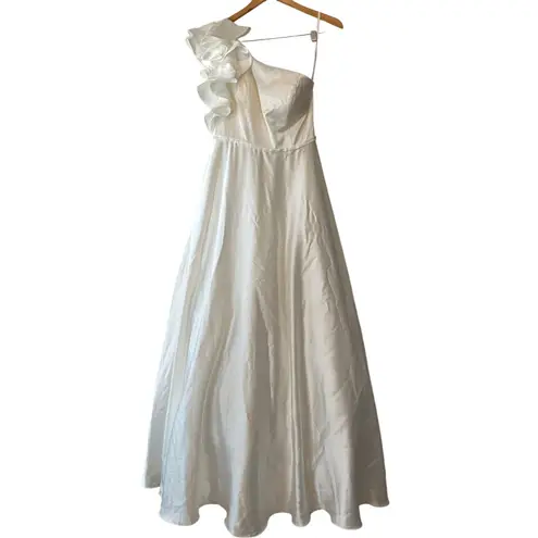 Mac Duggal White Satin One Shoulder Ruffle Gown Evening Dress Size 10
