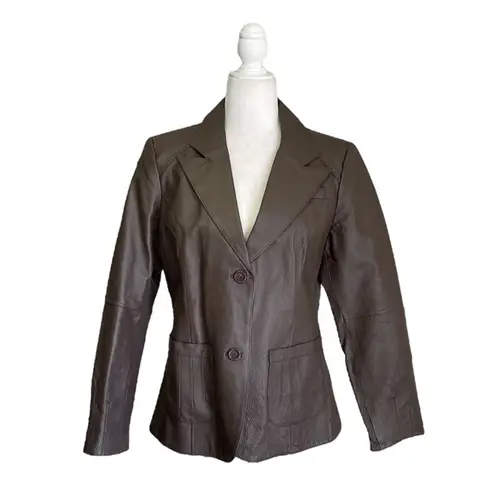 Metro  Style Chocolate Brown Leather Button Up Collared Jacket 12