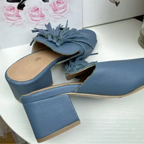Kaanas Blue Pompom Leather Loafer Mule Sandal Size 6