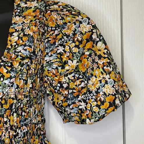 English Factory NWT Plunge Smocked Cotton Floral Mini Dress Yellow Black Blue XS