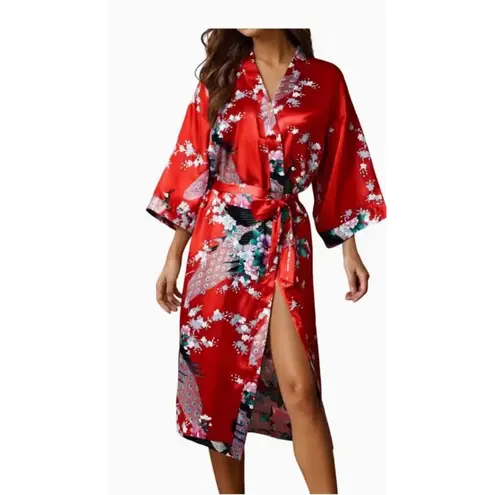 Oriental Village Silk Collection Floral Red Kimono Robe OS Size undefined
