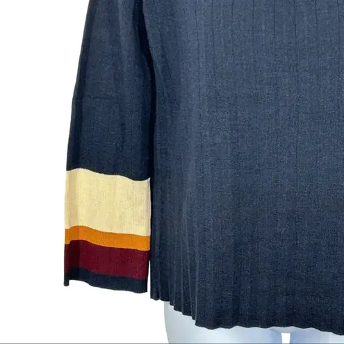 CLICHÉ Navy Wool Blend Sweater Small | Trendy Pleated Bell Sleeve Pullover Blue