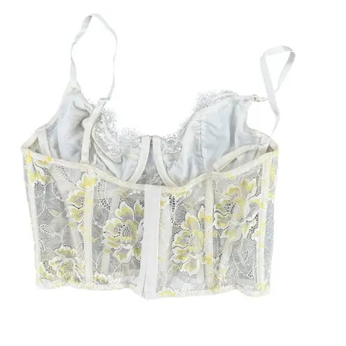 Y2K Retro Fairycore Corset Lace Sheer White Yellow Floral Caged Boning XL Size XS