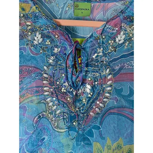Resort Boho Cleopatra Beach Cover Up Vibrant Semi Sheer Small NWT Swimwear Blue