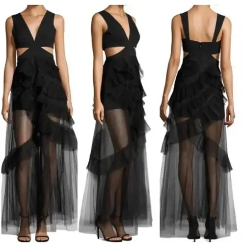 BCBGMaxazria Joela Tulle Pleated Waist Cutot Ruffle Maxi Gown Black Women's 0