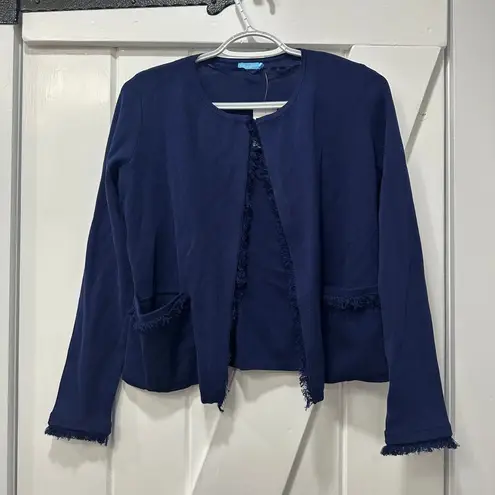 J. McLaughlin Marie Sweater XS Navy Blue Solid Fringe Open Knit Cardigan NWT