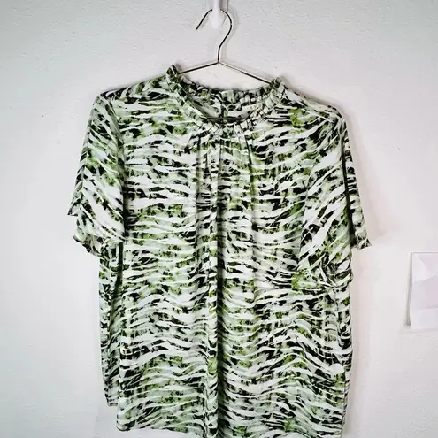 Cooper and Ella Zebra Sage Short Sleeve Blouse Plus Size 1X Ruffle Neckline