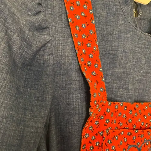 Homemade Red Floral Apron with Blue Maxi Dress