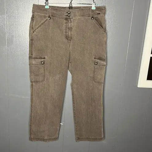 St. John Green Cargo Pants Straight Crop Jeans Cotton Stretch Size 14 High Rise