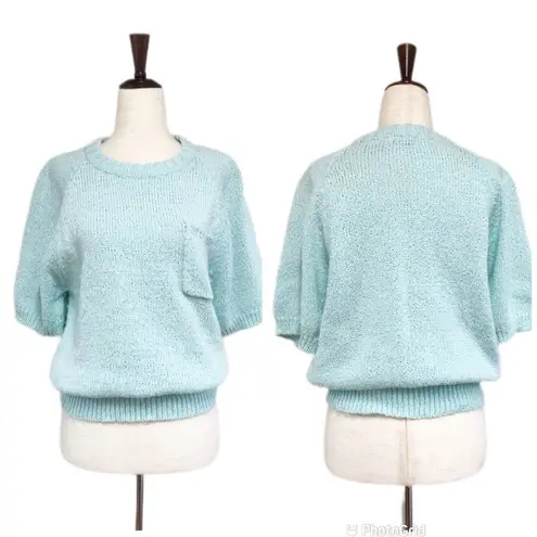 VINTAGE 80s Short Sleeve Crewneck Sweater Pullover Light Green Blue Size Large