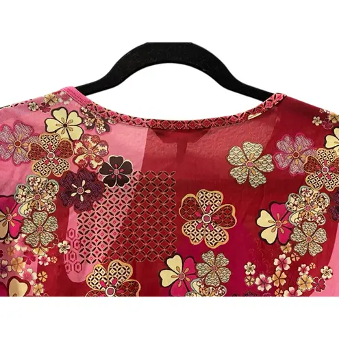 Johnny Was Active Size Medium Yama Long Sleeve Mesh Shirt Floral Colorful Pink