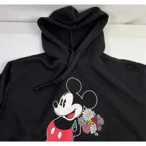 Disney Mickey Mouse Black Hoodie Sweatshirt with Floral Graphic Women's Large