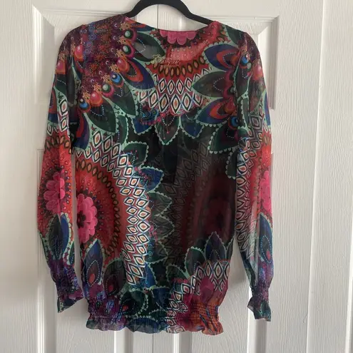 Desigual Sheer Blouse Small Tunic Floral Boho Smocked Artsy Smocked Hem Sheer