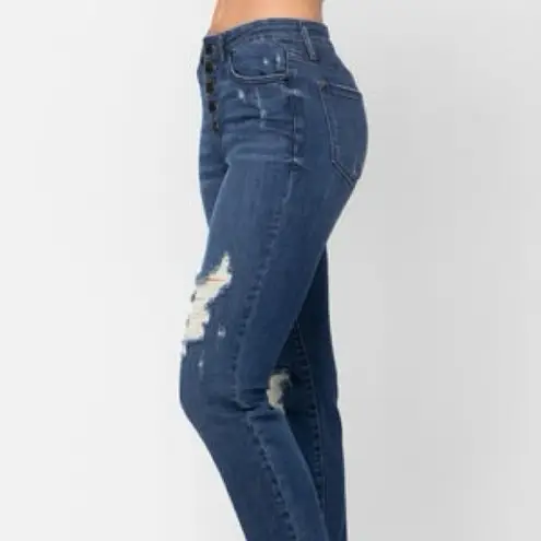 Judy Blue Button Fly Distressed Boyfriend Jeans - Dark Blue Size 7/28