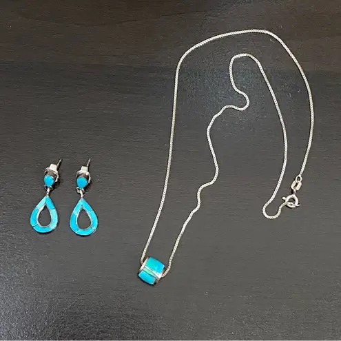 Sterling Silver Turquoise Inlay 16” Necklace and Earrings Set