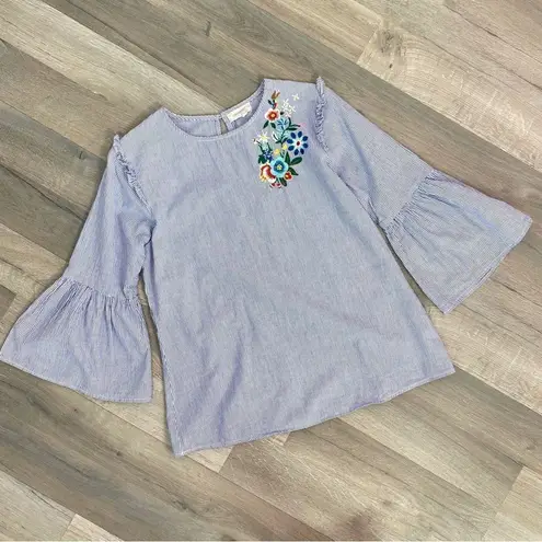 Passport Striped Embroidered Bell Sleeve Popover Shirt Medium Blue