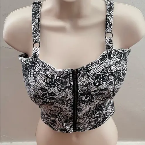 Zenana Outfitters The Arte by lace black & white zip front bustier corset crop top, size S