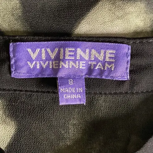 Vivienne Tam SHEER BUTTON CAREER SHIRT BLOUSE BLACK OLIVE GREEN SZ 8 LON…