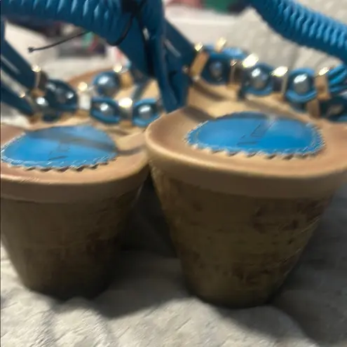 Vittorio D’ Firenze Blue and Tan Beaded Sandals with Ankle Strap made in Italy Size 10