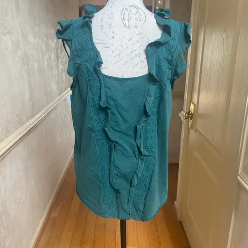Hinge Women's Ruffle Eyelet Sleeveless Embroidered Top Green Size L Cotton