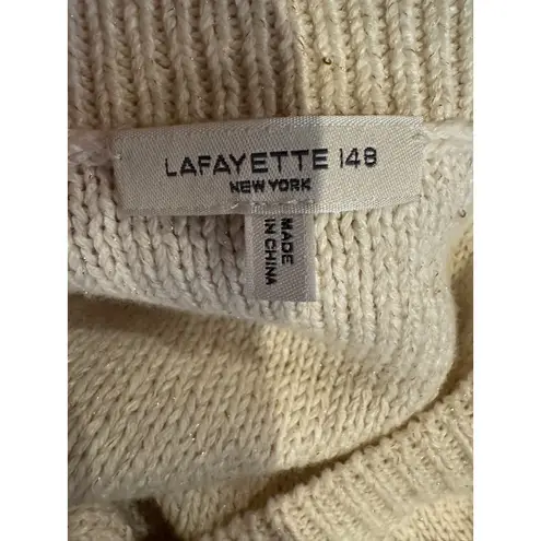 Lafayette 148 Sweater Women XL Ivory Linen Silk Cable Knit V Neck Preppy Luxury Gold