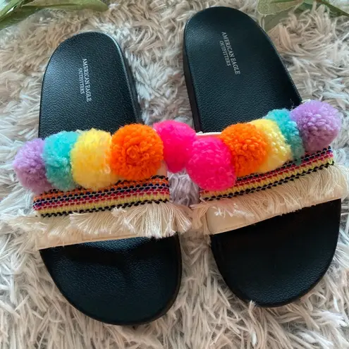 American Eagle  Boho PomPom Multicolor Slide on Sandals