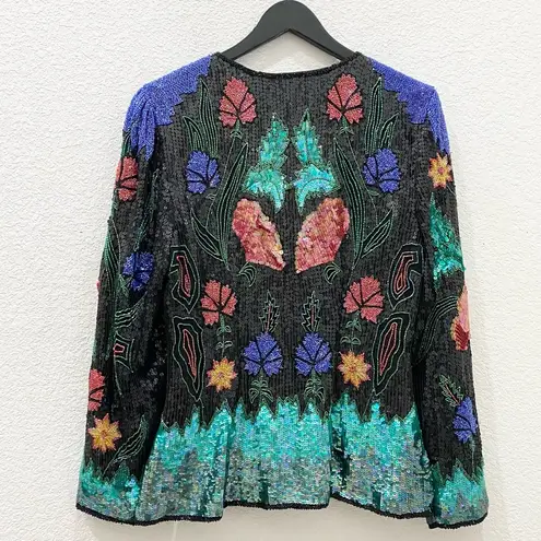 Vintage 80’s 90’s Abstract Floral Print Fully Beaded Sequined Blazer Jacket M Size M