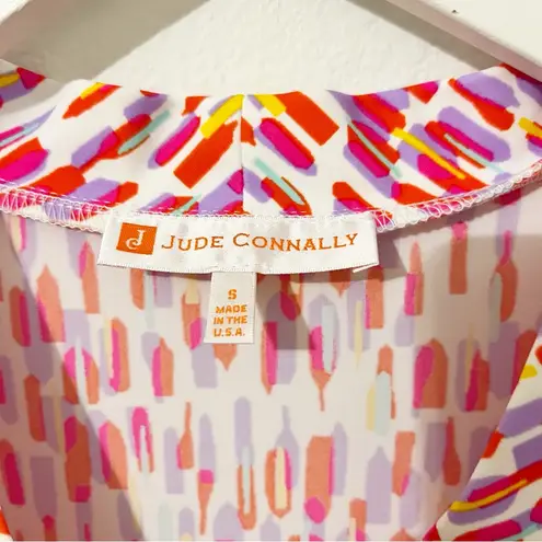 NEW Jude Connally Pink Short Sleeve Line Print Dress Stretch Size Small S White