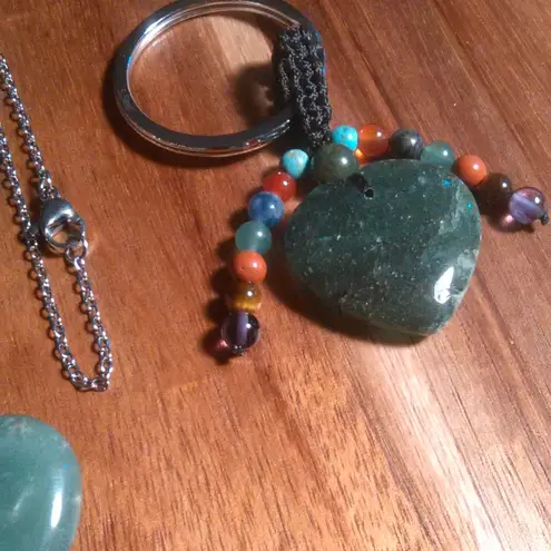 Green Aventurine Stainless Steel Heart Pendant Necklace and Heart Charm Keychain