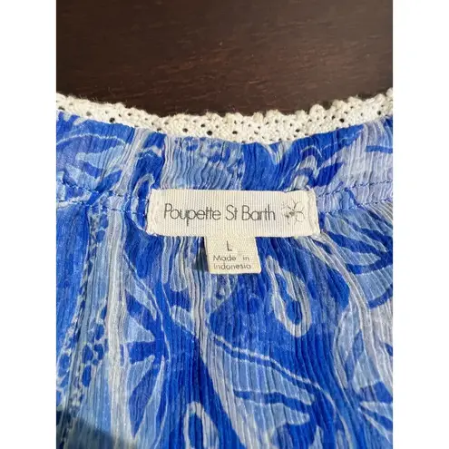 Poupette St Barth 100% Silk Blue Boho Crinkle Tunic Top L Crochet Trim Resort Size L