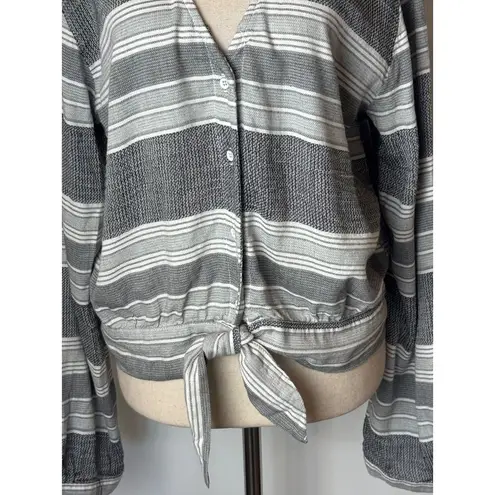 Bella Dahl Shirt Women Large Gray Black Striped V Neck Tie Waist Top Preppy